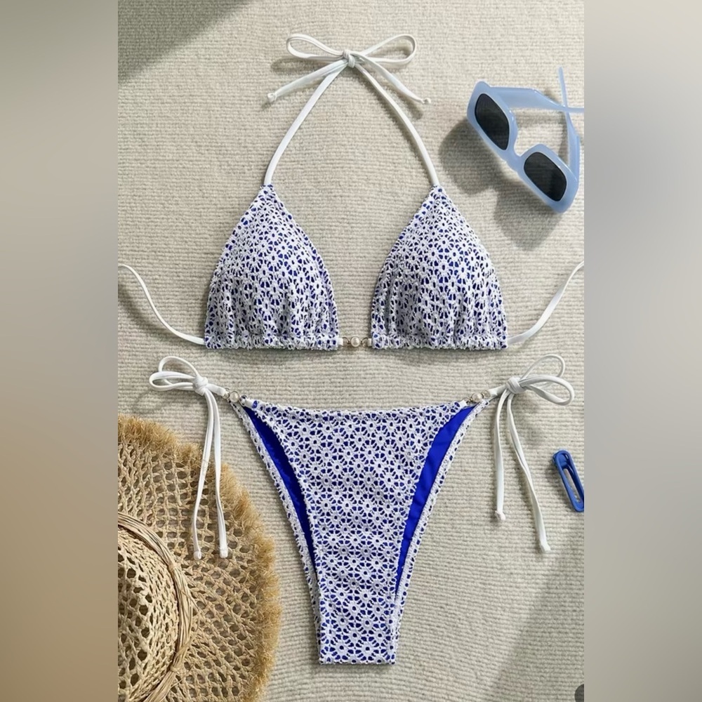 White Crochet Blue Underlay Pearl Accents Side Tie Bikini Set